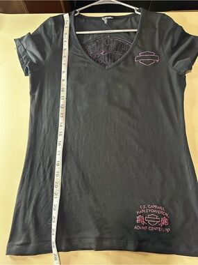 Harley-Davidson Black V-Neck Tee with Pink Accents and opening in the back.